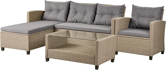 Outdoor Patio Furniture Sets, 4 Piece Rattan Conversation Sofa Wicker Sectional Couch with Chaise Lounge, Single Sofachair, Seat Cushions and Glass Table, for Garden Backyard Deck, Gray - LeafyLoom