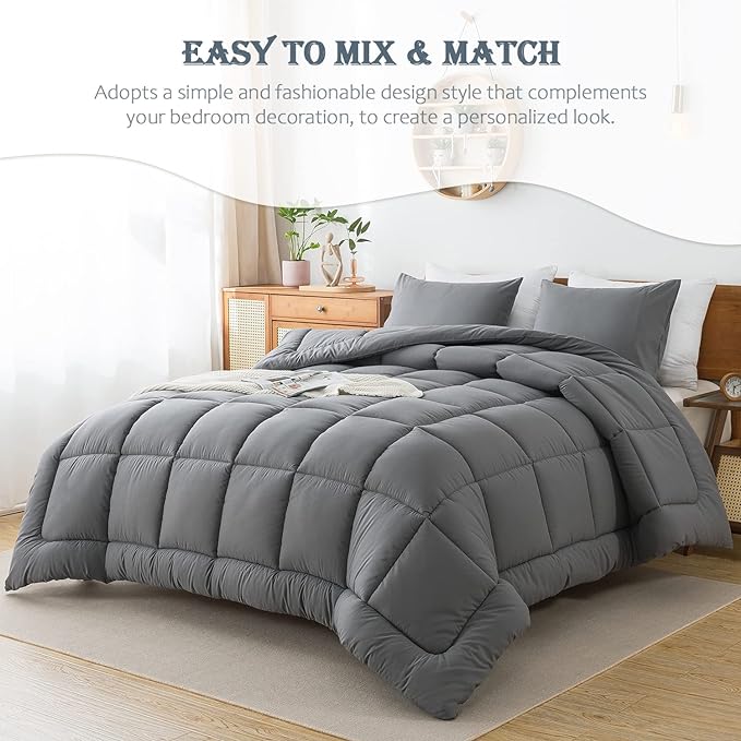 WhatsBedding Grey Comforter Set, Queen Lightweight Comforter Duvet Set for Summer,3 Pieces - LeafyLoom