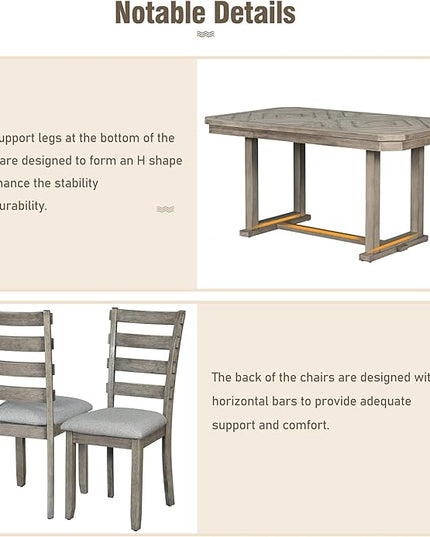 6-Piece Rubber Wood Dining Table Set with Beautiful Grain Pattern Tabletop Solid Wooden Veneer and Soft Cushion Chairs, for Kitchen, Diningroom, Living Room, Home Bar, Brown+Grey - LeafyLoom