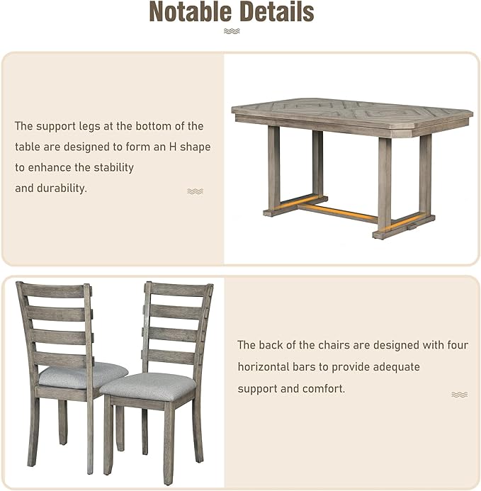 6-Piece Rubber Wood Dining Table Set with Beautiful Grain Pattern Tabletop Solid Wooden Veneer and Soft Cushion Chairs, for Kitchen, Diningroom, Living Room, Home Bar, Brown+Grey - LeafyLoom