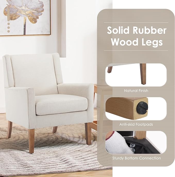 COLAMY Modern Wingback Living Room Chair, Upholstered Fabric Accent Armchair, Single Sofa chair with Lounge Seat and Wood Legs for Bedroom/Office/Reading Spaces, Beige - LeafyLoom