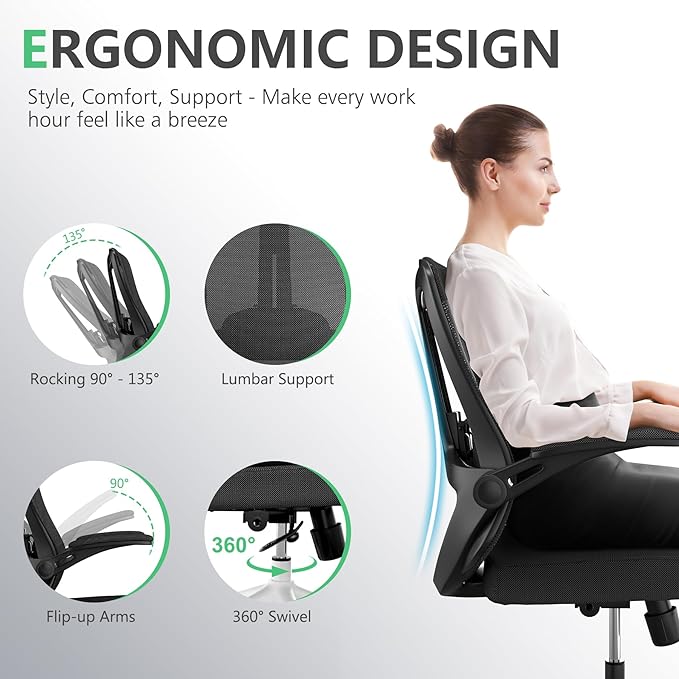 Office Chair with 350LBS Capacity, Ergonomic Comfort Home Desk Chair, Mid Back Gaming Chair with Wheels, Adjustable Height, Lumbar Support, Flip-up Armrest - LeafyLoom