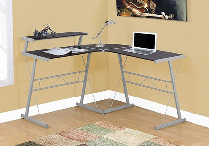 Monarch Specialties L-Shaped Corner Desk with Shelf for Home & Office, 48" L, Cappuccino-Silver Metal Legs, - LeafyLoom