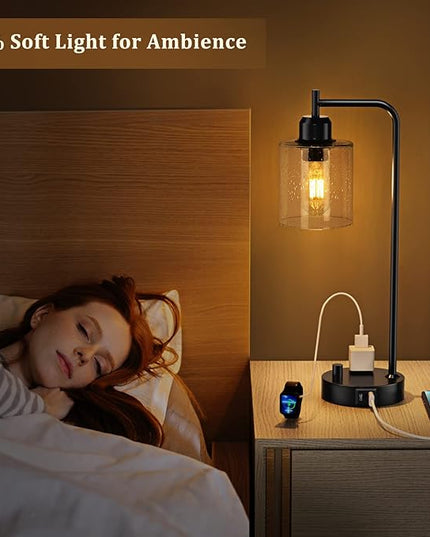 Industrial Bedside Table Lamp for Bedroom - Nightstand Lamps with USB C Charging Port, Fully Dimmable Black Ports and Outlets, Small Desk Glass Shade Office Living Room - LeafyLoom