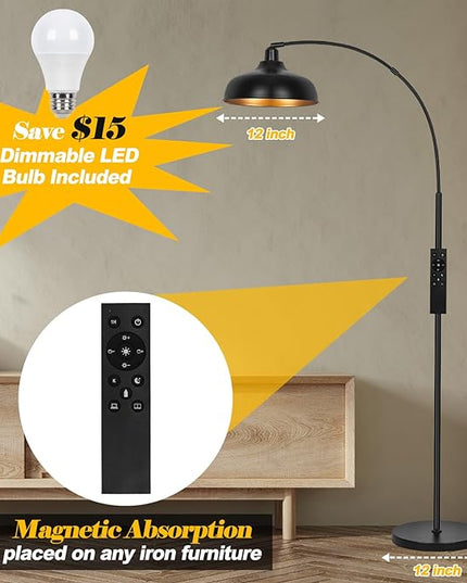 Arch Floor Lamps with Remote - Dimmable Floor Lamp 70”, Black Tall Lamp with 360° Adjustable Hanging Metal Shade, Arc Lamps Floor Standing with 9W Bulb, Over Couch Lamp for Living Room, Bedroom - LeafyLoom