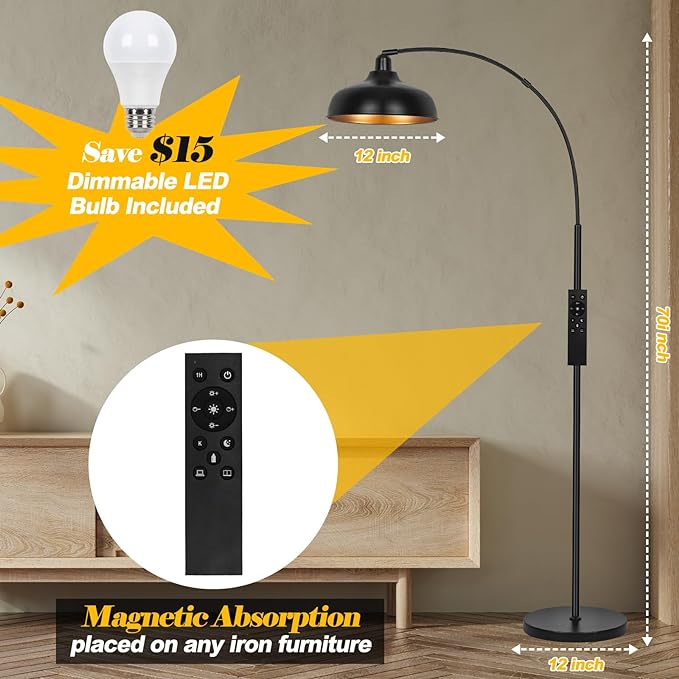 Arch Floor Lamps with Remote - Dimmable Floor Lamp 70”, Black Tall Lamp with 360° Adjustable Hanging Metal Shade, Arc Lamps Floor Standing with 9W Bulb, Over Couch Lamp for Living Room, Bedroom - LeafyLoom