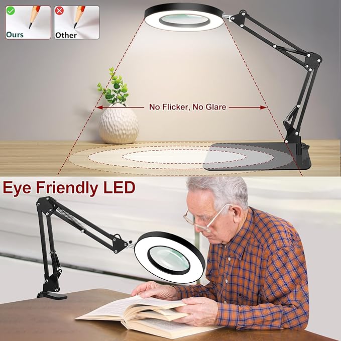 12X Magnifying Glass with Light and Stand,5 Inches 2-in-1 Lighted Magnifier with Clamp 5 Color Modes LED Desk Lamp,Hands Free for Craft Hobby Reading Painting Sewing Close Work (5 Inches) - LeafyLoom