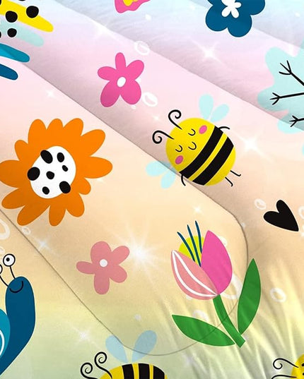 Rainbow Comforter Sets Twin Size Cartoon Floral Frogs Bedding Set for Girls Kids Children Boys Butterfly Flowers Bees Insects Cute Kawaii Quilt 1 Comforter + 1 Pillow Case - LeafyLoom