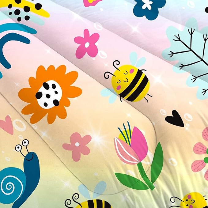 Rainbow Comforter Sets Twin Size Cartoon Floral Frogs Bedding Set for Girls Kids Children Boys Butterfly Flowers Bees Insects Cute Kawaii Quilt 1 Comforter + 1 Pillow Case - LeafyLoom