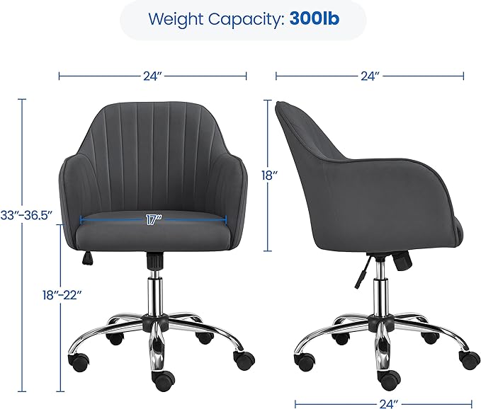 Yaheetech Modern Velvet Desk Chair Soft Height-Adjustable Swivel Computer Chair for Makeup Room Living Room Bedroom Soft Upholstered Office Chair Gray - LeafyLoom