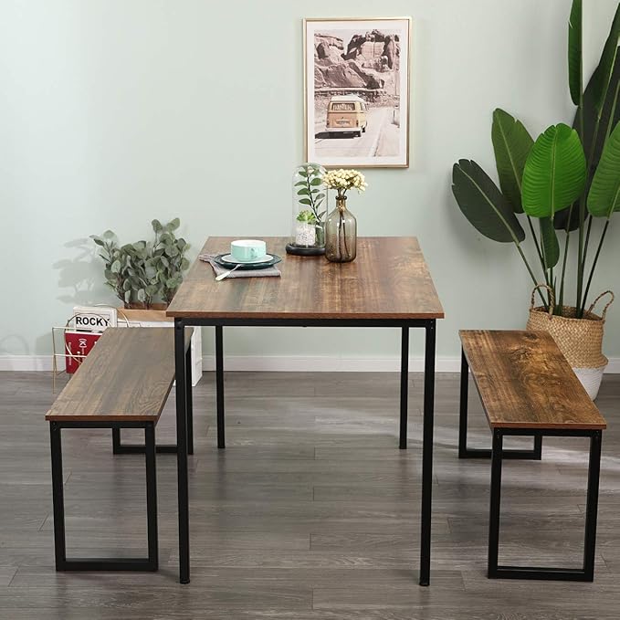 SogesGame Dining Table Set with Two benches,Kitchen Table Set for 2-4 Persons,3 Pieces Home Kitchen Breakfast Bar Set Furniture Dining Set - LeafyLoom