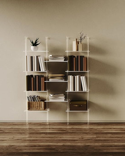 Acrylic Bookshelf, Wall Mounted, 5-Tier Clear Ladder Bookshelf with 14 Open Shelves, Multipurpose Bookcase for Living Room, Bathroom, Office, Modern, 9.5" D x 43.5" W x 72.8" H - LeafyLoom