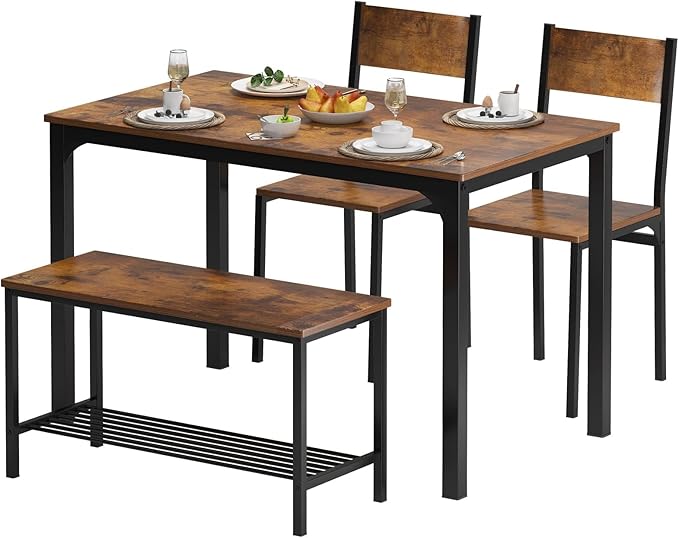 SogesPower Dining Room Table Set 43 Inch Kitchen Table Set with 2 Chairs and Bench, Dining Room Table Set for 4 Home, Kitchen, Dining Room, Restaurant, Rustic Brown - LeafyLoom