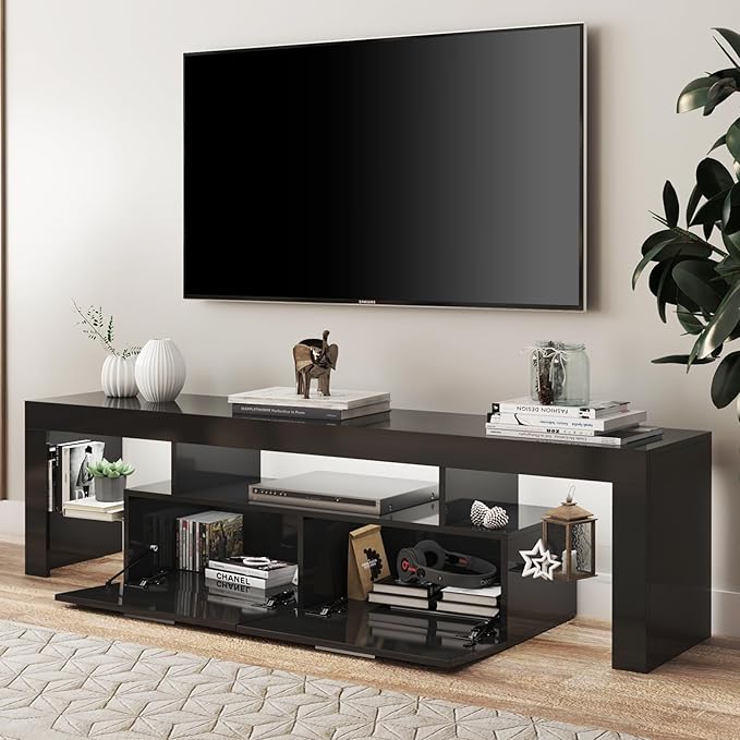 Clikuutory Modern LED 71 inch long TV Stand with Storage Drawer for 50 55 60 65 70 75 80 Inch TVs, Black Wood TV Console with High Glossy Entertainment Center for Gaming, Living Room, Bedroom - LeafyLoom
