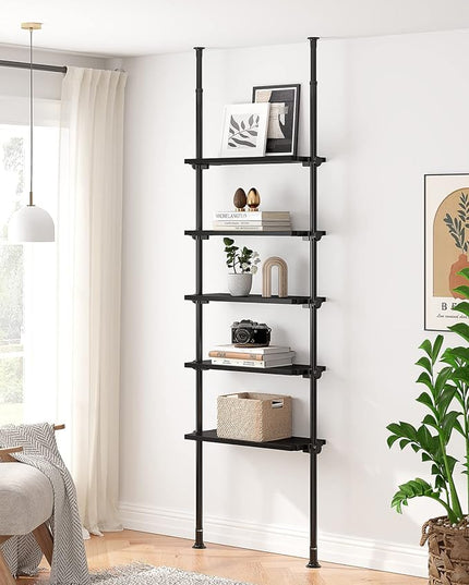 ALLZONE 5 Tiers Narrow Bookshelf, Tall Adjustable Ladder Book Shelf with Open Storage, Floor to Ceiling Tension Mount, Wooden Industrial Bookcase for Living Room, 92 to 116 Inch, Black - LeafyLoom