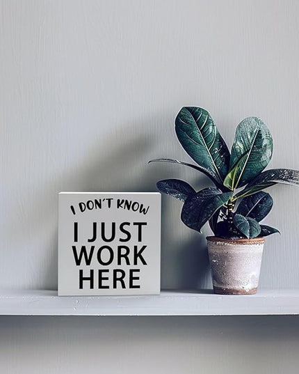 Funny Quotes Wood Box Sign I Don’t Know I Just Work Here Office Signs for Desk Funny Office Desk Accessories Funny Signs for Office Decorative Signs for Home Decor Work Office Decor (5x5inch) - LeafyLoom