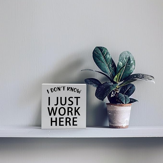 Funny Quotes Wood Box Sign I Don’t Know I Just Work Here Office Signs for Desk Funny Office Desk Accessories Funny Signs for Office Decorative Signs for Home Decor Work Office Decor (5x5inch) - LeafyLoom
