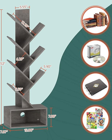 Yoobure Tree Bookshelf - 6 Shelf Retro Floor Standing Bookcase, Tall Wood Book Storage Rack for CDs/Movies/Books, Utility Book Organizer Shelves for Bedroom, Living Room, Home Office, Grey - LeafyLoom