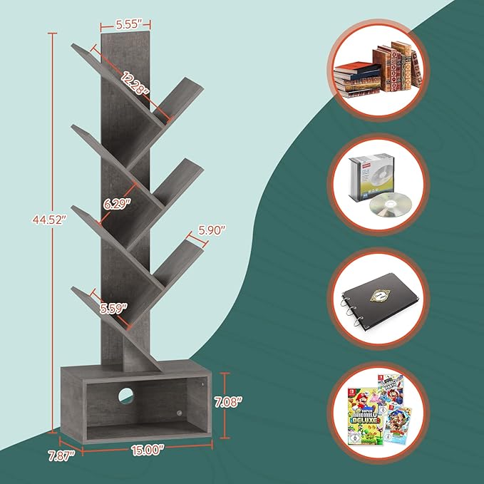 Yoobure Tree Bookshelf - 6 Shelf Retro Floor Standing Bookcase, Tall Wood Book Storage Rack for CDs/Movies/Books, Utility Book Organizer Shelves for Bedroom, Living Room, Home Office, Grey - LeafyLoom