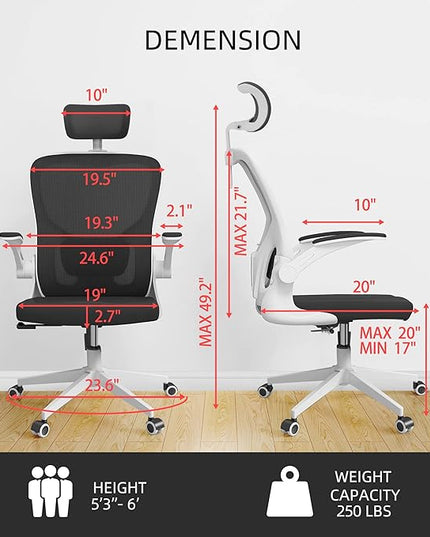 Ergonomic Office Chair, High Back Mesh Computer Desk Chair with Flip-up Arms, Adjustable Lumbar Support & Headrest, Swivel Rolling Task Chair for Home Office, Bedroom, Study, College Dorm（White&Black - LeafyLoom