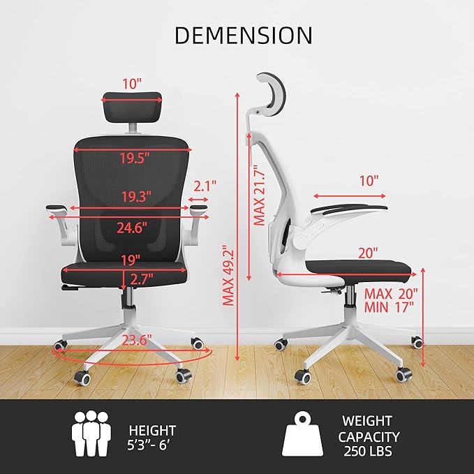 Ergonomic Office Chair, High Back Mesh Computer Desk Chair with Flip-up Arms, Adjustable Lumbar Support & Headrest, Swivel Rolling Task Chair for Home Office, Bedroom, Study, College Dorm（White&Black - LeafyLoom
