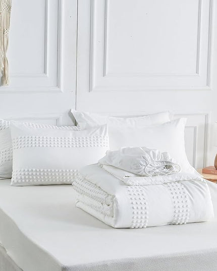 ENJOHOS Queen Comforter Set 7 Piece - White Comforters Queen Size, Queen Bed in a Bag Set, Boho Tufted Bedding Comforter Set with Pom Pom Design, Lightweight Soft Microfiber Comforter Bed Set - LeafyLoom
