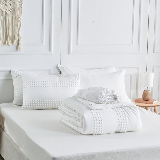 ENJOHOS Queen Comforter Set 7 Piece - White Comforters Queen Size, Queen Bed in a Bag Set, Boho Tufted Bedding Comforter Set with Pom Pom Design, Lightweight Soft Microfiber Comforter Bed Set - LeafyLoom