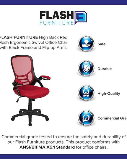 Flash Furniture Porter High Back Mesh Ergonomic Swivel Office Chair with Lumbar Support, Flip-Up Arms, Tilt Lock/Tilt Tension, Height Adjustable, Red/Black Frame - LeafyLoom