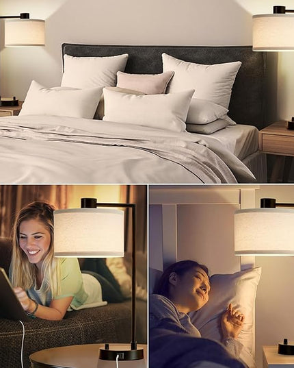 Luvkczc Table Lamp for Bedroom Set of 2 with USB C+A Ports, Fully Stepless Dimmable Bedside Lamp with Linen Lampshade, Contemporary Lamp for Living Room Reading Office, 2 LED Bulbs Included (Black) - LeafyLoom