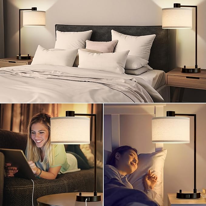 Luvkczc Table Lamp for Bedroom Set of 2 with USB C+A Ports, Fully Stepless Dimmable Bedside Lamp with Linen Lampshade, Contemporary Lamp for Living Room Reading Office, 2 LED Bulbs Included (Black) - LeafyLoom