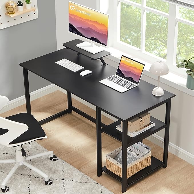 GreenForest Computer Home Office Desk with Monitor Stand and Storage Shelves on Left or Right Side,47 inch Modern Writing Study PC Laptop Work Table,Black - LeafyLoom