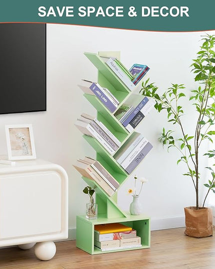 Yoobure Tree Bookshelf - 6 Shelf Retro Floor Standing Bookcase, Tall Wood Book Storage Rack for CDs/Movies/Books, Utility Book Organizer Shelves for Bedroom, Living Room, Home Office Green - LeafyLoom