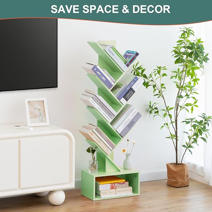 Yoobure Tree Bookshelf - 6 Shelf Retro Floor Standing Bookcase, Tall Wood Book Storage Rack for CDs/Movies/Books, Utility Book Organizer Shelves for Bedroom, Living Room, Home Office Green - LeafyLoom