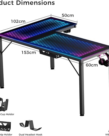 EUREKA ERGONOMIC RGB LED Lights 60 Inch L Shaped Reversible Black Glass Gaming Desk Home Office Computer Table GTG L60 - LeafyLoom
