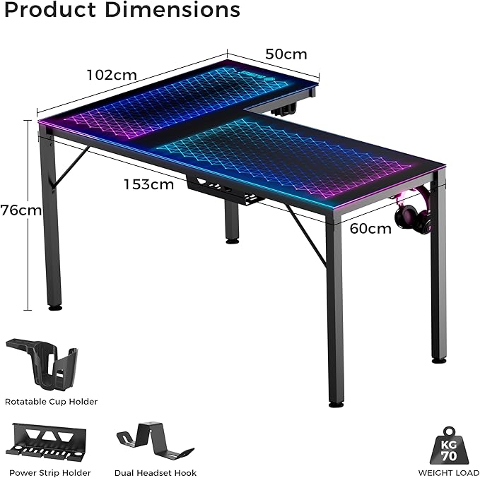 EUREKA ERGONOMIC RGB LED Lights 60 Inch L Shaped Reversible Black Glass Gaming Desk Home Office Computer Table GTG L60 - LeafyLoom