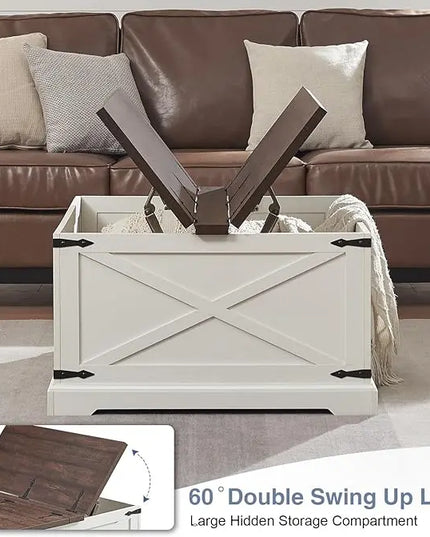 Farmhouse Square Coffee Table with Storage, Wood Center Table with Hinged Lift Top, Rustic Cocktail Table with Large Hidden Storage Compartment for Living Room, Bedroom,White - LeafyLoom