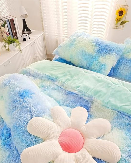 Faux Fur Kids Girls Green Rainbow Comforter Sets King - 3PC Bed Set Warm Comfortable Soft Plush Flannel Velvet Fluffy Fuzzy Bedding（Comforter x 1 Pillowcases x 2） - LeafyLoom
