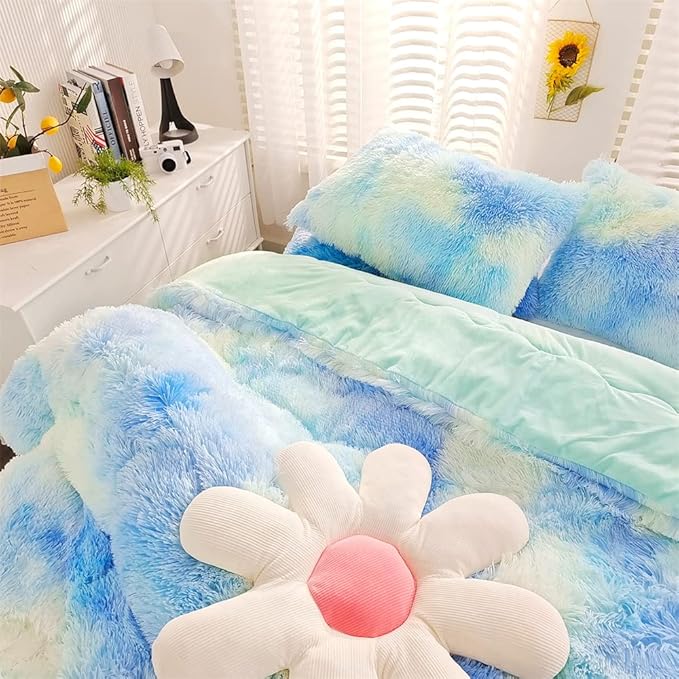 Faux Fur Kids Girls Green Rainbow Comforter Sets King - 3PC Bed Set Warm Comfortable Soft Plush Flannel Velvet Fluffy Fuzzy Bedding（Comforter x 1 Pillowcases x 2） - LeafyLoom