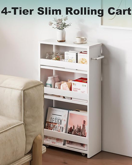 MARTY White Slim Storage Cart with Wheels, 4 Tier Rolling Utility Cart with Handle Slide Out Shelving Unit Organizer Trolley for Laundry Kitchen Bathroom Narrow Places Small Corner - LeafyLoom