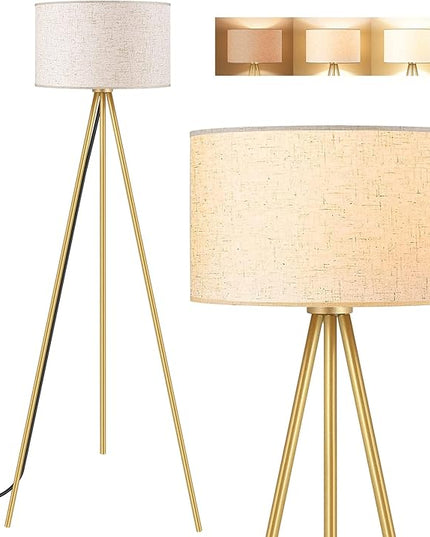 BoostArea Floor Lamp for Living Room, Tripod Floor Lamp, 15W LED Bulb, 3 Levels Dimmable Brightness, Linen Lamp Shade, Mid Century Standing Lamp for Living Room, Bedroom, Study Room and Office(Gold) - LeafyLoom