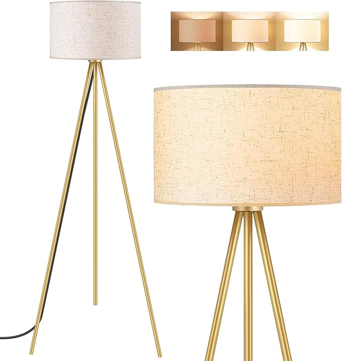 BoostArea Floor Lamp for Living Room, Tripod Floor Lamp, 15W LED Bulb, 3 Levels Dimmable Brightness, Linen Lamp Shade, Mid Century Standing Lamp for Living Room, Bedroom, Study Room and Office(Gold) - LeafyLoom