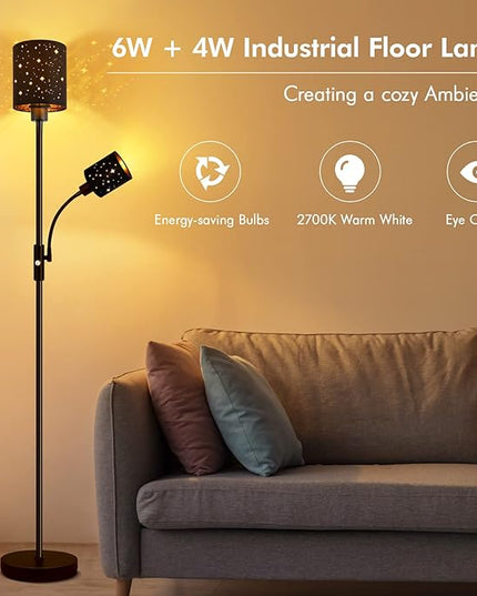 Floor Lamp for Bedroom, LED Floor Lamps with Reading Lamp, 2700K Brightness, 3-Way Switch, Bulbs Included, Modern Standing Lamps for Living Room Dining Room, Decorative Torchire Standing Lamp, Black - LeafyLoom