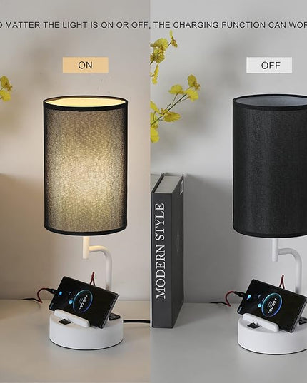 Dreamholder Table Lamp with 3 USB Charging Ports, Modern Desk Lamp with AC Outlet and Phone Stands, Perfect Bedside Lamp for Bedroom, Living Room, Office (Pack of 2), White&Black - LeafyLoom