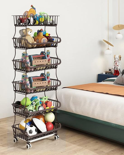 Wisdom Star 6 Tier Fruit Vegetable Basket for Kitchen, Vegetable Bins for Onions and Potatoes, Wire Storage Organizer Utility Cart with Wheels,Bronze - LeafyLoom