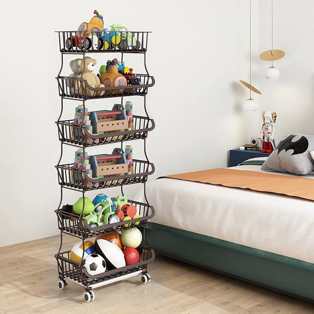 Wisdom Star 6 Tier Fruit Vegetable Basket for Kitchen, Vegetable Bins for Onions and Potatoes, Wire Storage Organizer Utility Cart with Wheels,Bronze - LeafyLoom