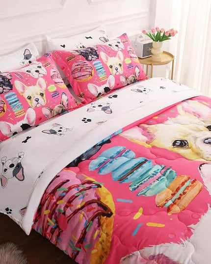 7 Piece Dog Comforter Set Full Size for Kids Cute 3D French Bulldog Dogs Bedding Bed in A Bag for Teens Boys Girls All Season Watercolor Pink Animal Themed Comforter - LeafyLoom