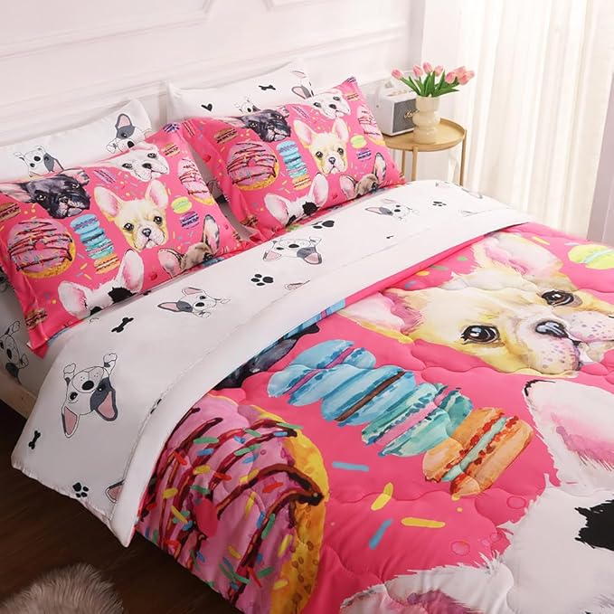 7 Piece Dog Comforter Set Full Size for Kids Cute 3D French Bulldog Dogs Bedding Bed in A Bag for Teens Boys Girls All Season Watercolor Pink Animal Themed Comforter - LeafyLoom
