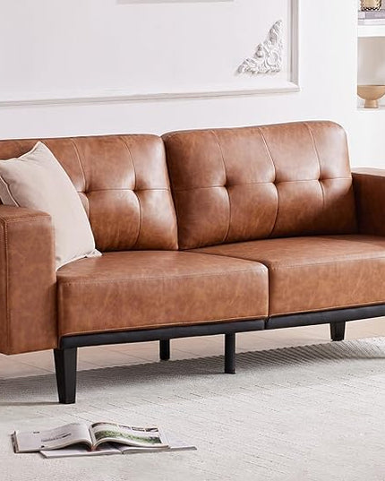 Leather Sofa Couches for Living Room, 79” Oversized Loveseat Sofa, 3 Seat Mid Century Modern Couch, Faux Brown Leather Couch, Love Seat Comfy Sofas with Solid Leg, Bedroom Couch, Cognac Tan - LeafyLoom