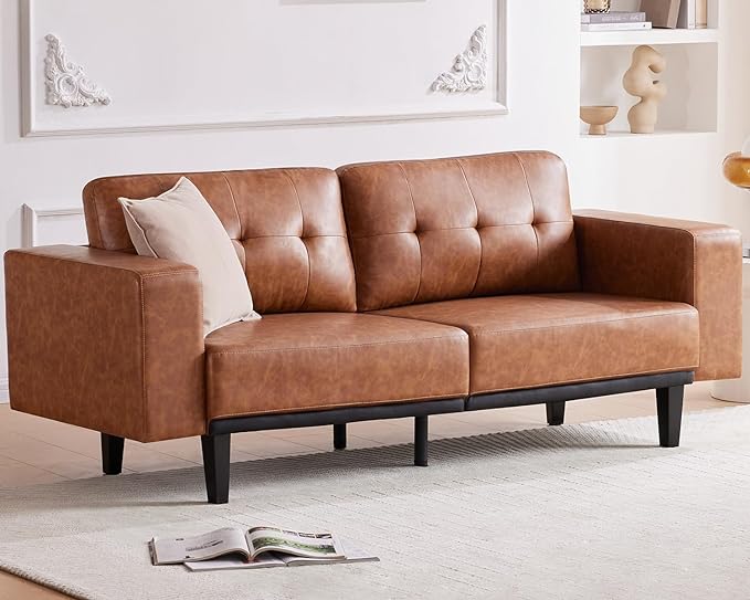 Leather Sofa Couches for Living Room, 79” Oversized Loveseat Sofa, 3 Seat Mid Century Modern Couch, Faux Brown Leather Couch, Love Seat Comfy Sofas with Solid Leg, Bedroom Couch, Cognac Tan - LeafyLoom