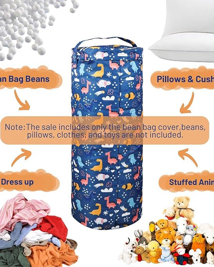 Dinosaur Stuffed Animal Storage Bean Bag Cover for Kids - Organize, Sit, Play & Box Help Promote Comfort and Relaxation - Perfect Playroom & Bedroom Plush Toys Beanbag, Cylinder, Best Gift for Kids - LeafyLoom